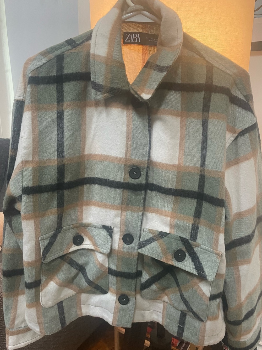 ZARA Plaid Utility Jacket in Sage Green, Cream & Black